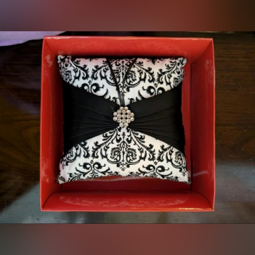 Studio His&Hers Ring Pillow Damask Black White Rhinestone Floral Wedding Bearer